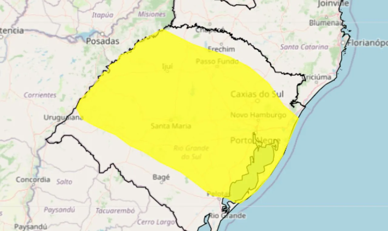 A imagem mostra um alerta amarelo para vendaval no estado do Rio Grande do Sul